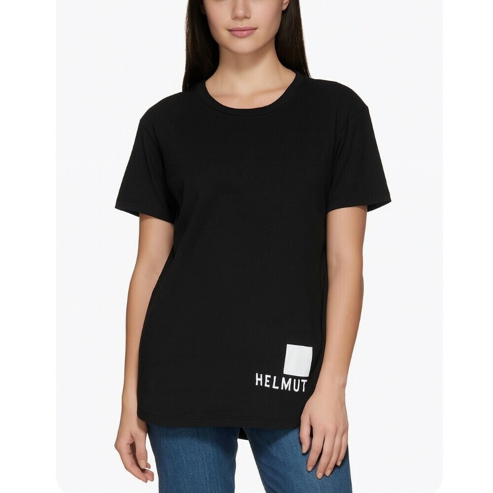 Helmut Lang women’s T-shirt Tee black white spell out Pima cotton Modal SZ L